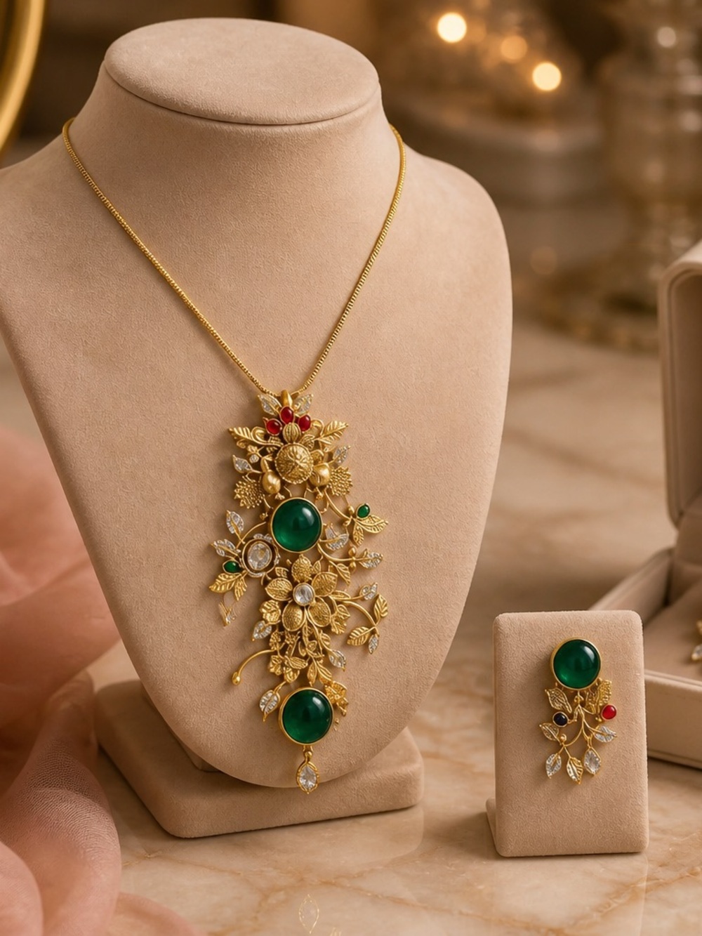 Gold-Tone Floral Pendant Necklace with Green Gem Accents - Women Jewelry